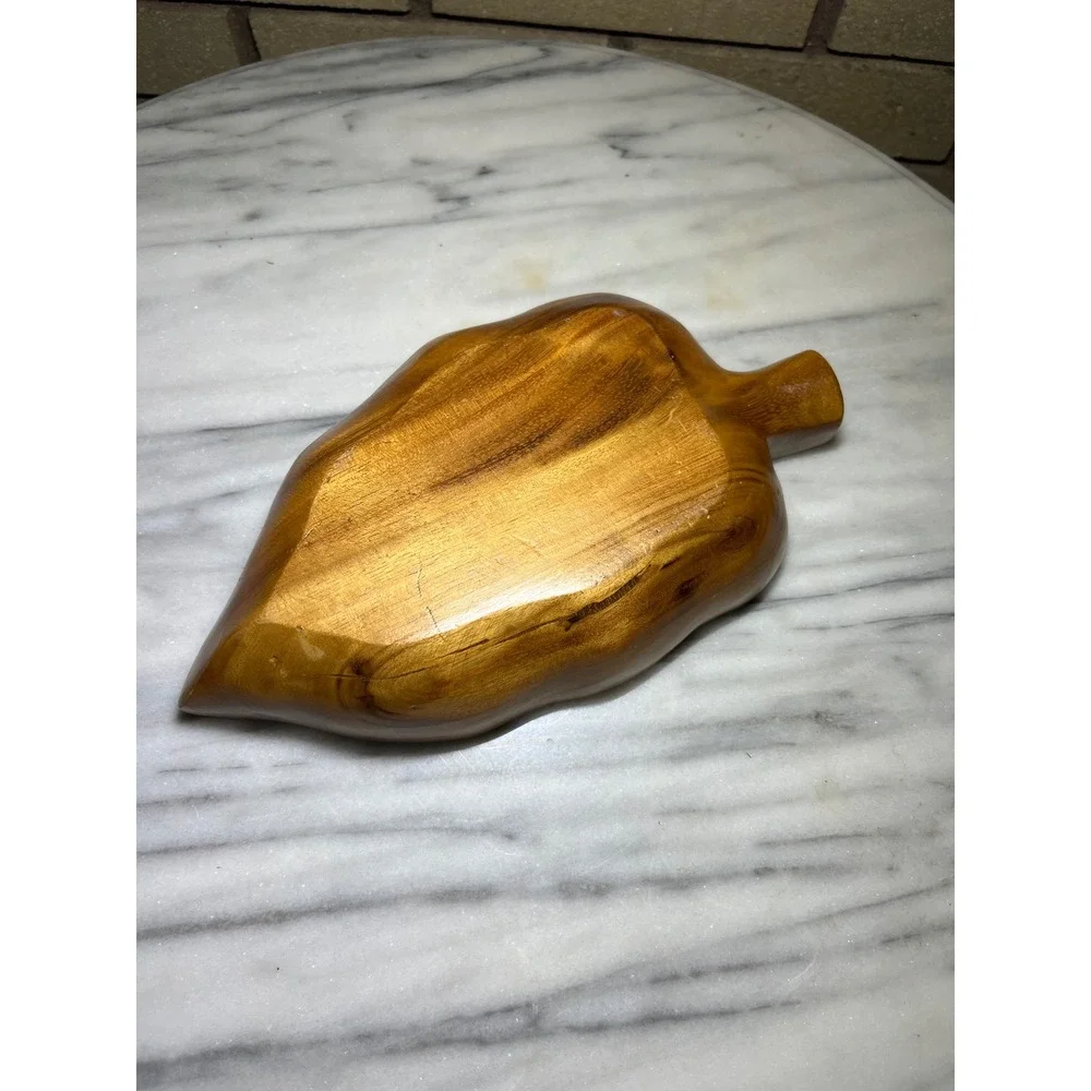 Vintage Hand Carved Wooden Leaf Serving Tray Divided 3 Section Nut Dish Brown